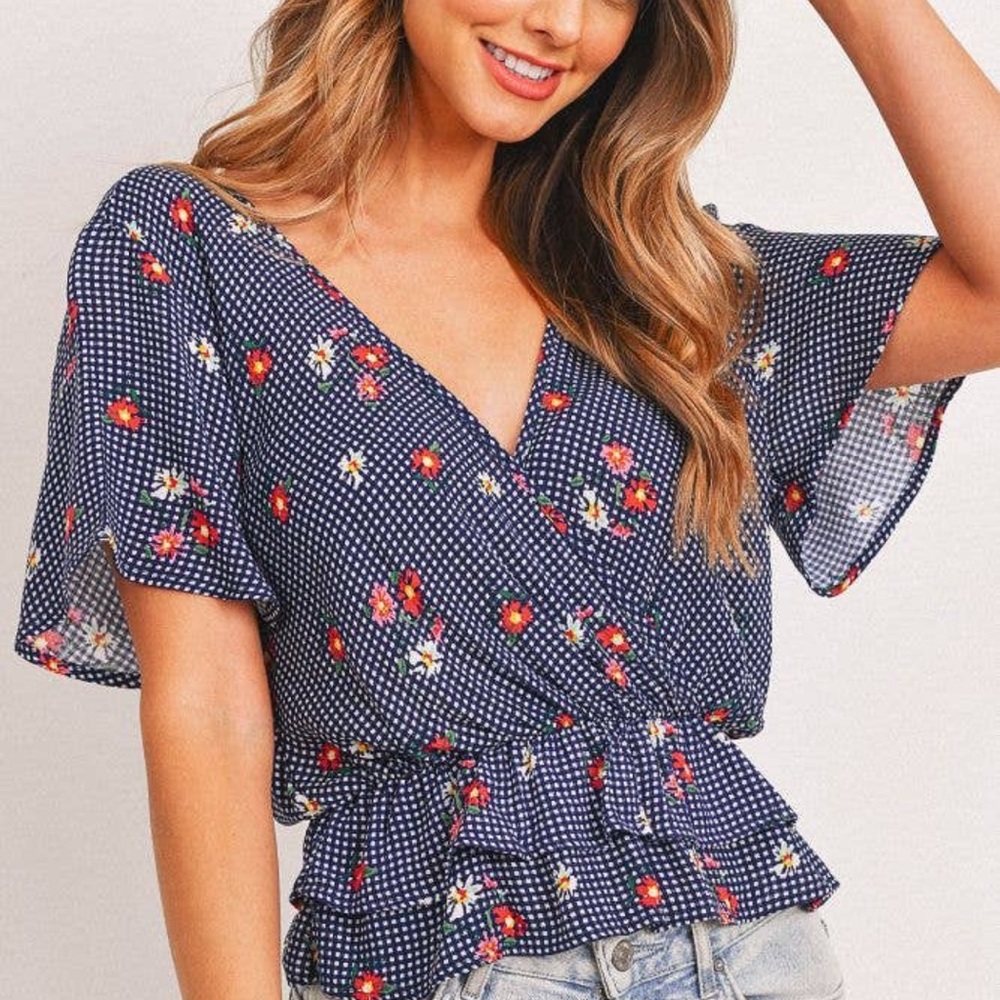 NWT Navy Blue Gingham Floral Print Open Back Short Sleeve Top - Picture 4 of 7